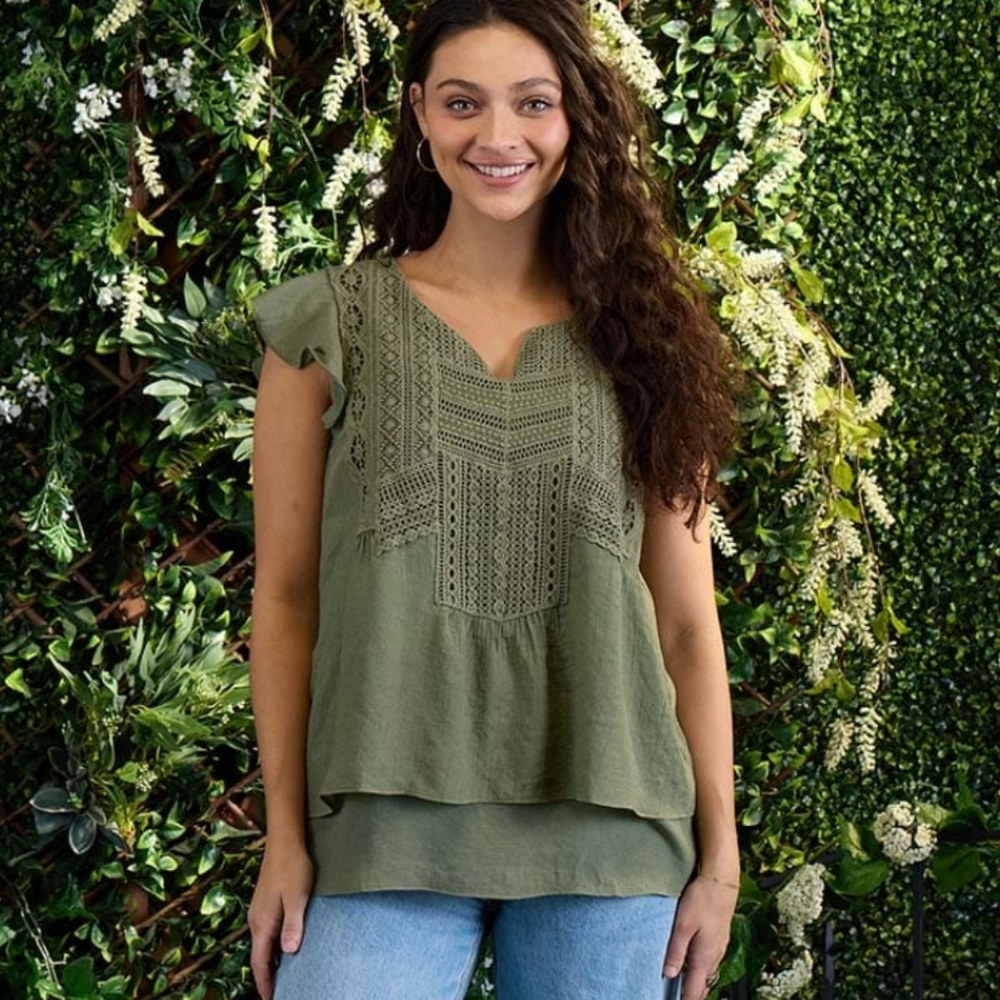 indigo soul Olive Green Crochet Yoke Flutter Sleeve Blouse